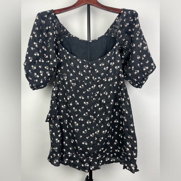 Winston White Black Floral Corset Bodice Puff Off Shoulder Mini Linen Dress‎ - Picture 4 of 9